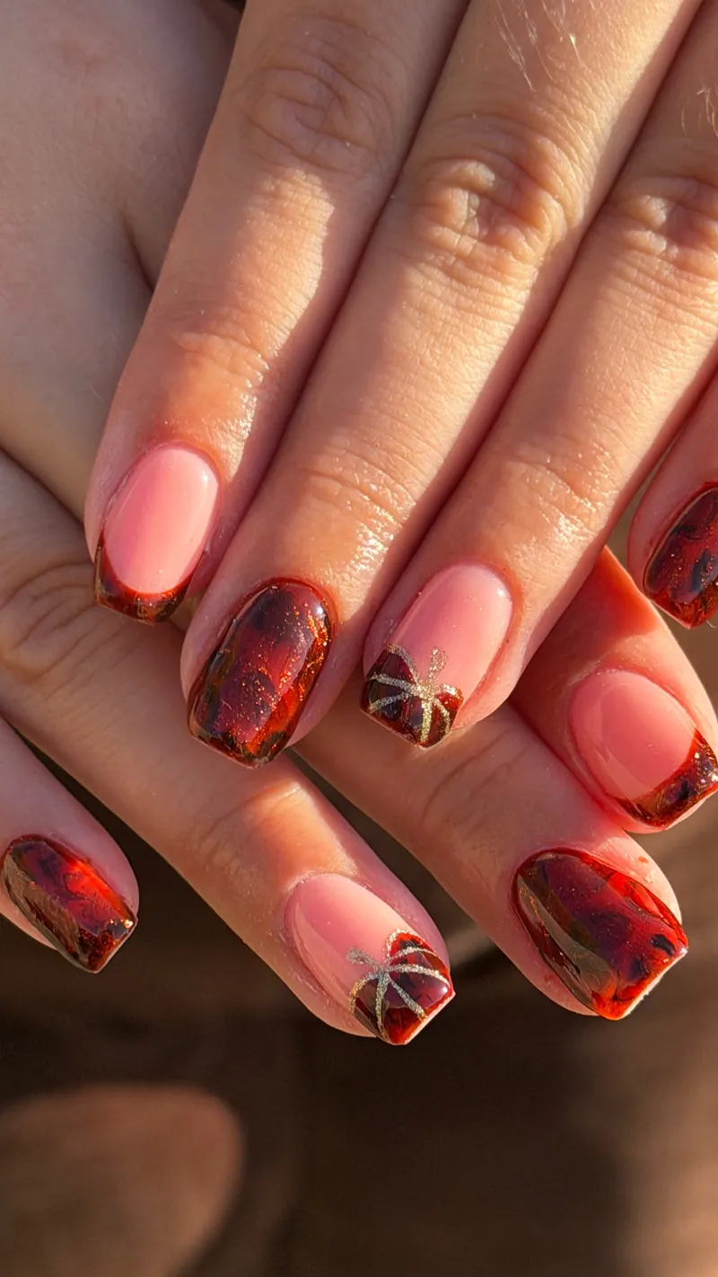 Marbled deep red nails, some as French tips over sheer pink with tiny gold bows, by Rosie Mae Beauty