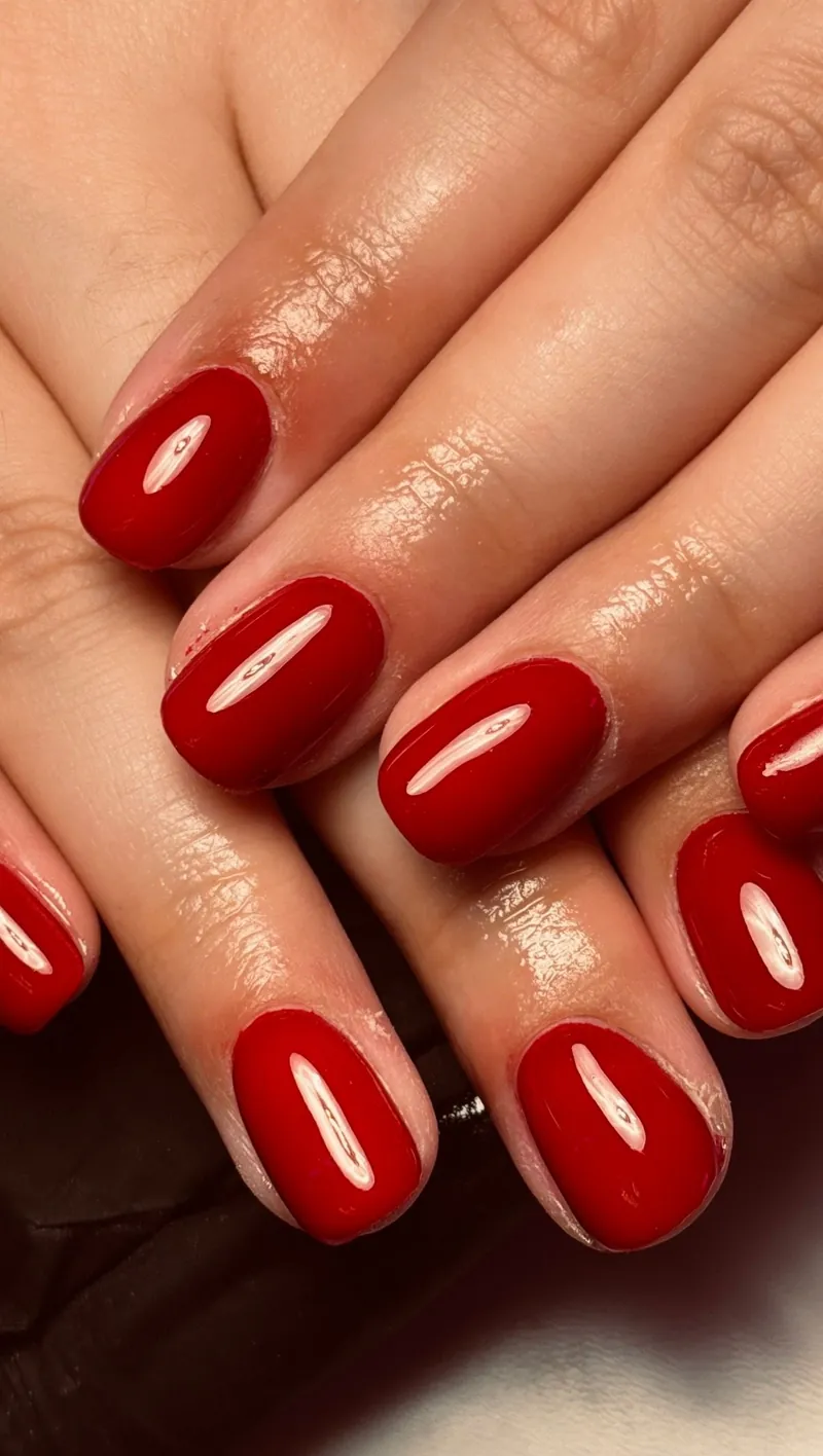 Glossy classic red short nails, by Rosie Mae Beauty